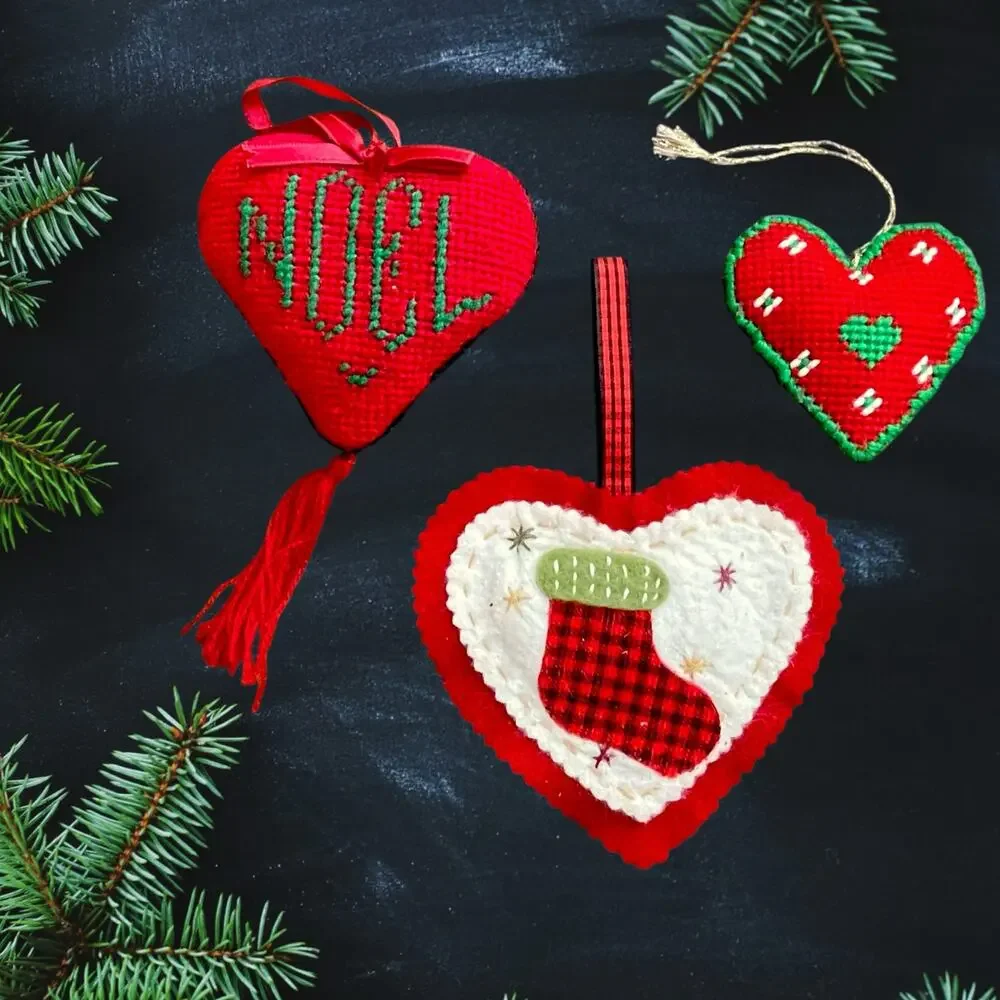 Vtg.Set Of Three Heart Christmas Holiday Ornaments Retro Cottagecore 80s Granny